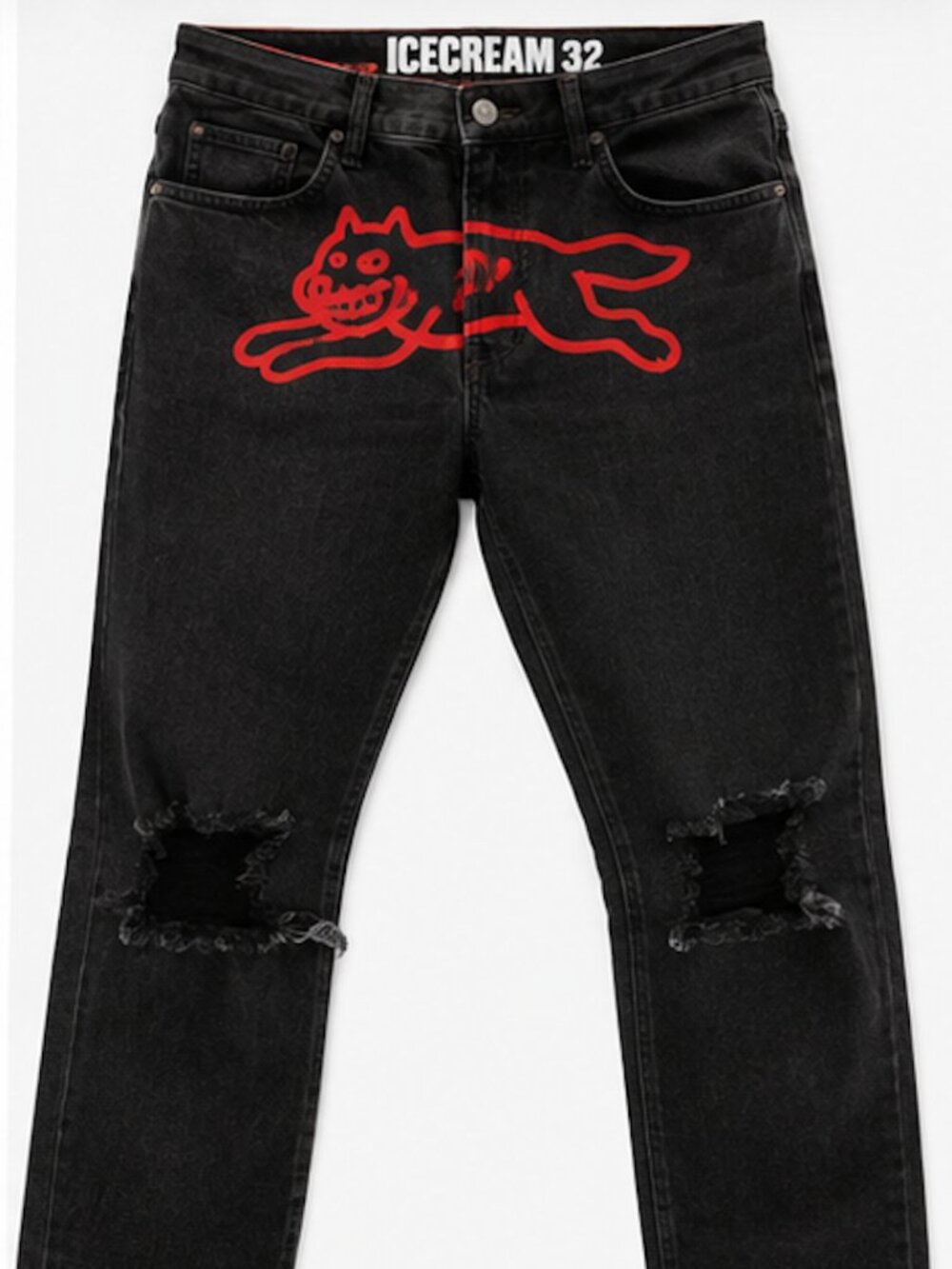 ICECREAM Running Dog Black Distressed Jeans Men's Size 32 Streetwear Pharrell BB